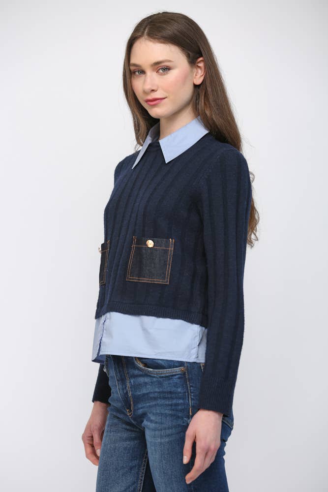 DENIM POCKET DETAIL TWOFER SWEATER
