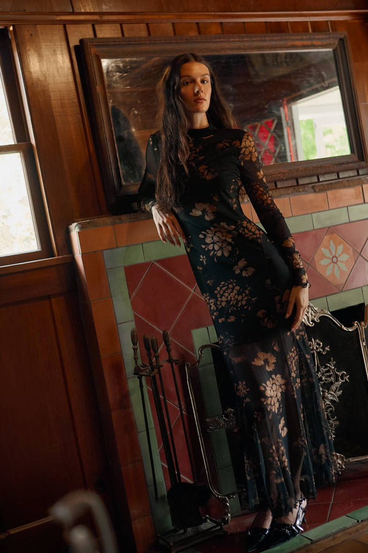 Floral Mesh Mock-Neck Long-Sleeve Maxi Dress