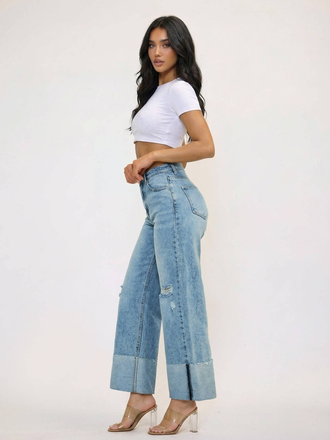 Wide Leg Cuffed Jeans