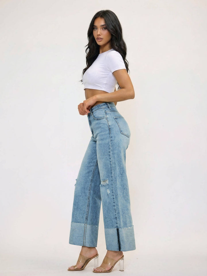 Wide Leg Cuffed Jeans