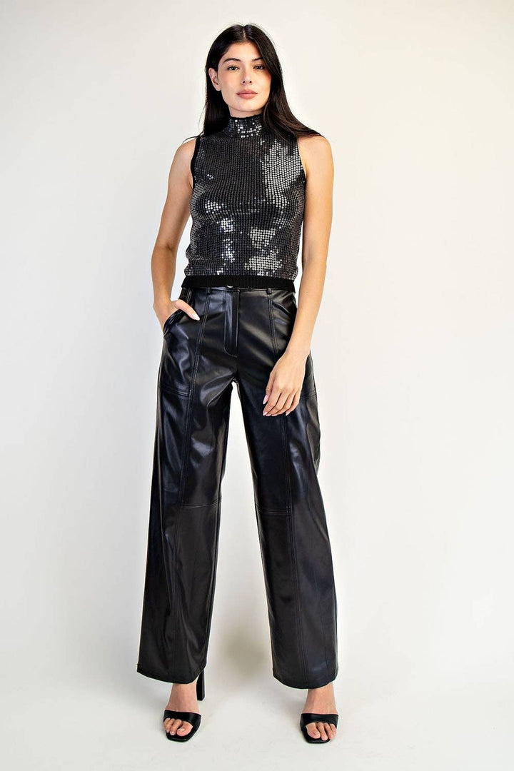 Mock Neck Ribbed Sweater Top with Sequin