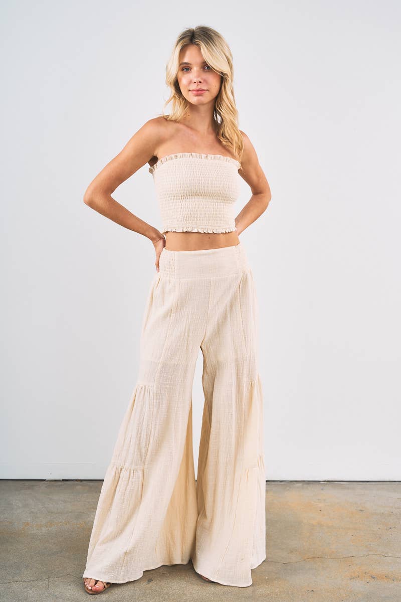 Smocked Tube Crop Top with Wide Leg Pants Set
