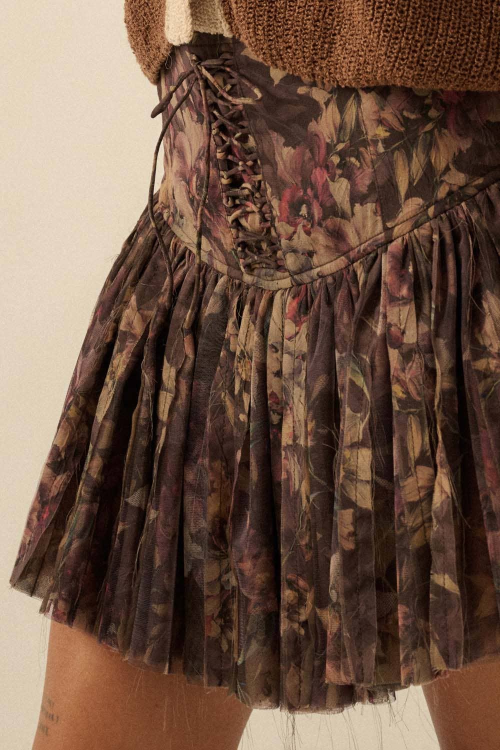 Lace-Up Pleated Floral Mini Skort