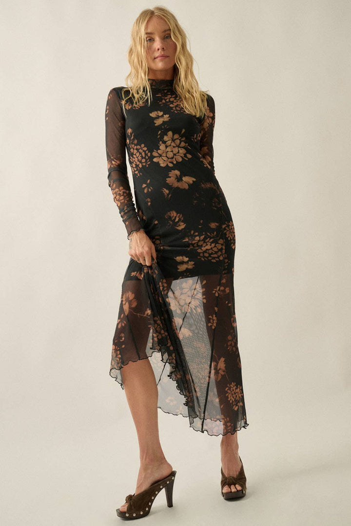 Floral Mesh Mock-Neck Long-Sleeve Maxi Dress