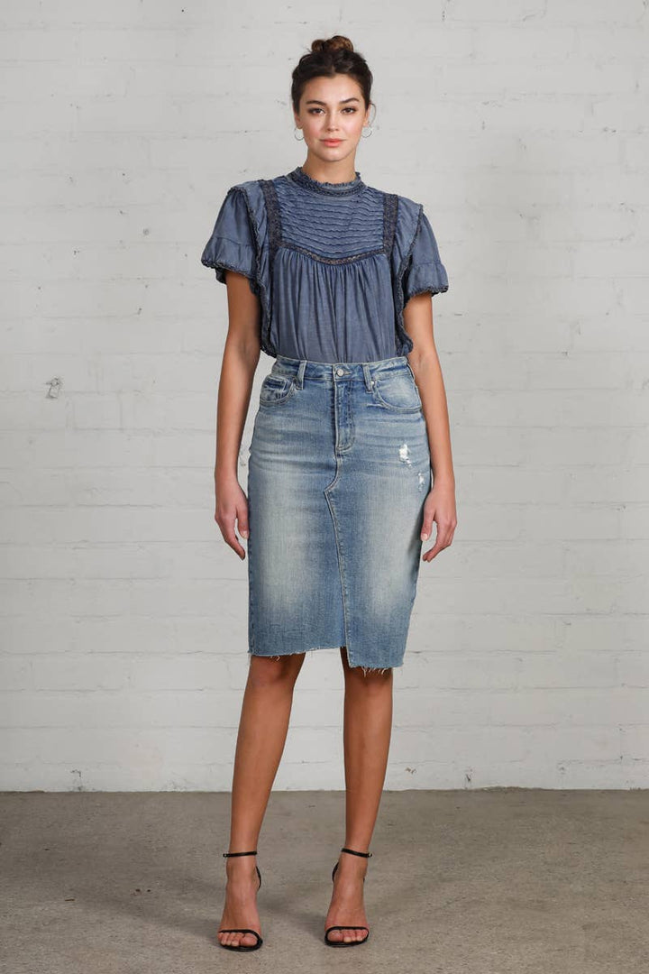 Raw Hem Knee Length Denim Skirt