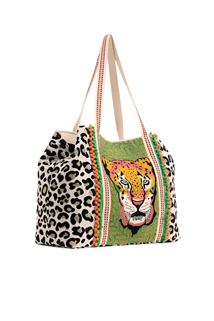 Leopard print bag with a colorful tiger design on a white background