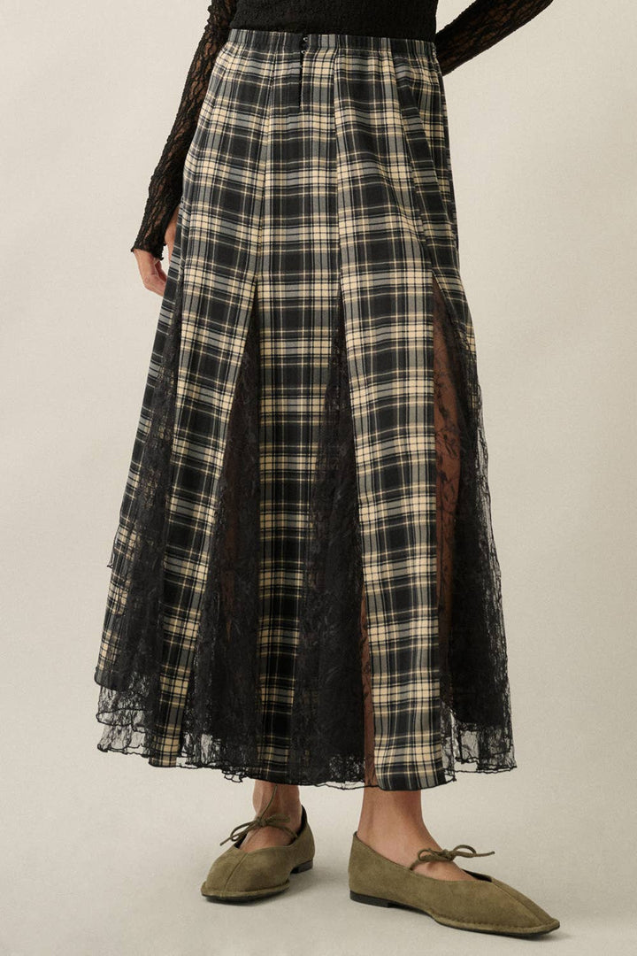 Plaid and Lace Godet Pleated A-Line Elastic Waist Maxi Skirt