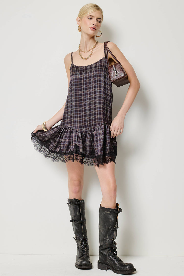 Plaid Lace Trim Ruffle Hem Mini Dress