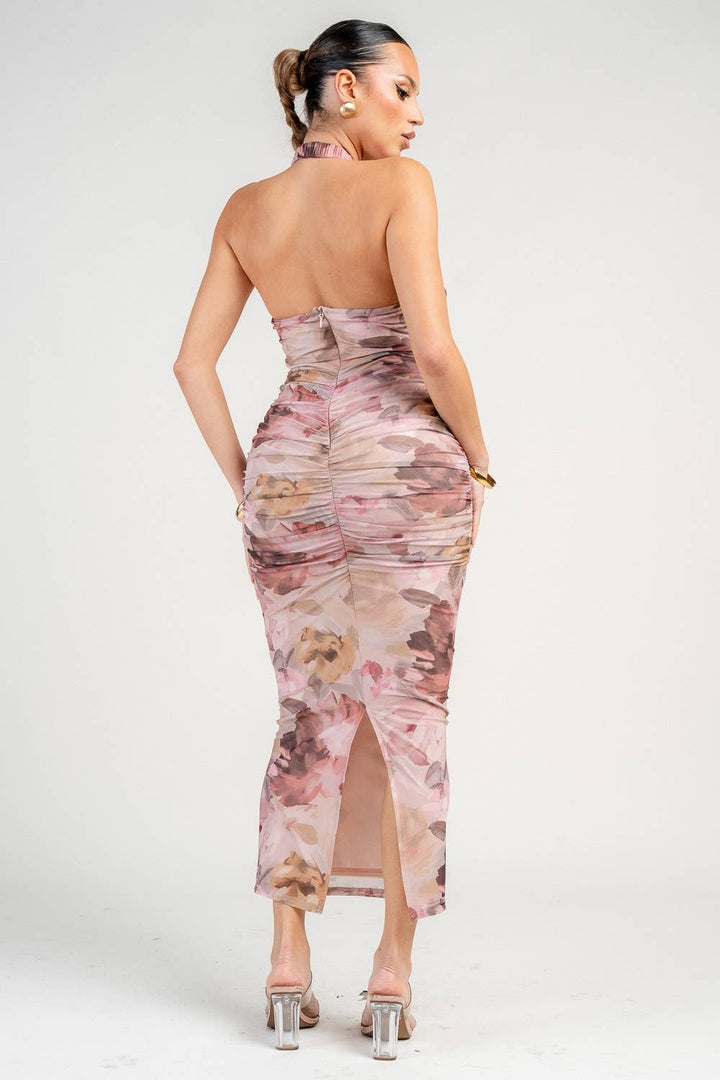Floral Halter Mesh Maxi Dress