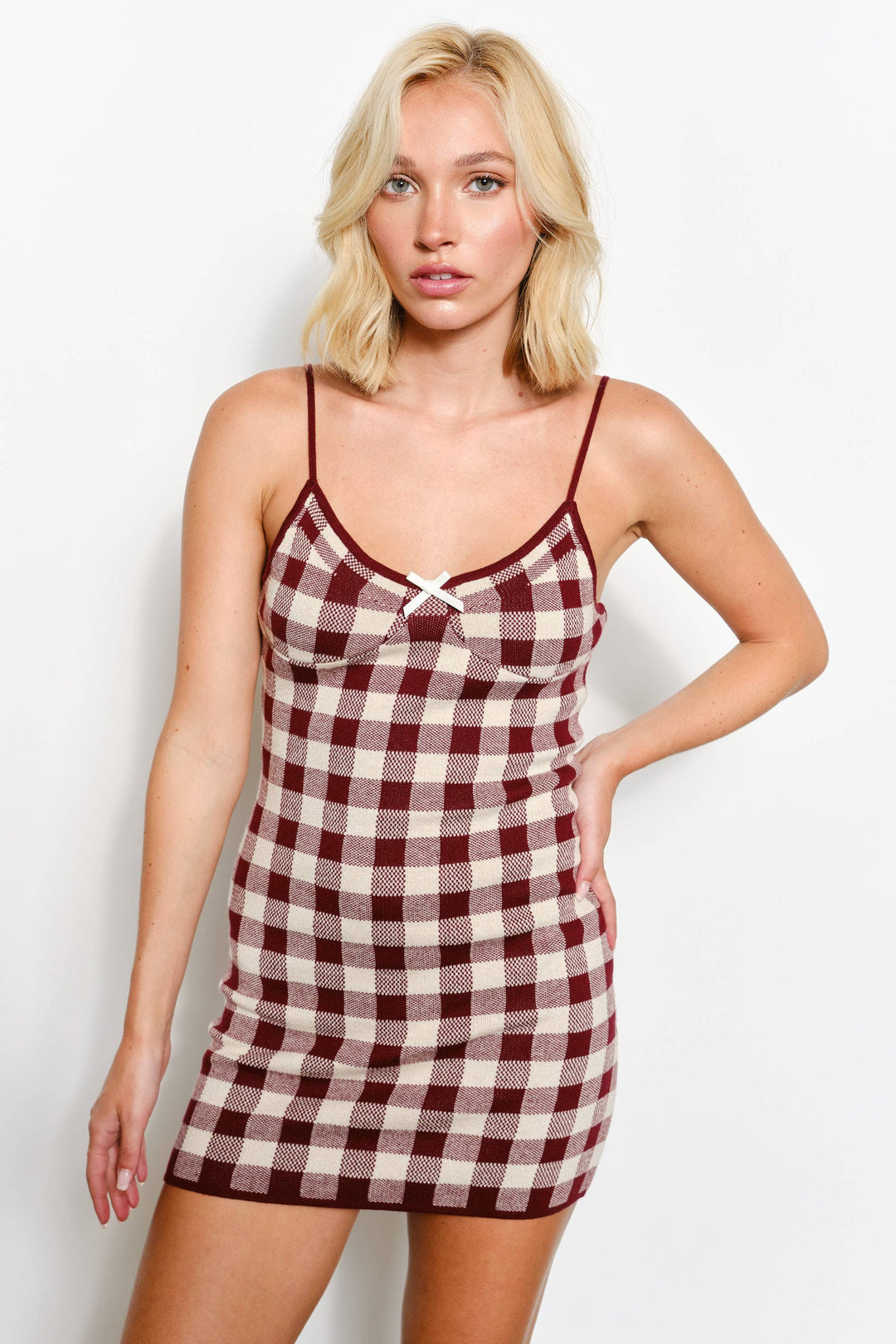 GINGHAM KNIT MINI DRESS