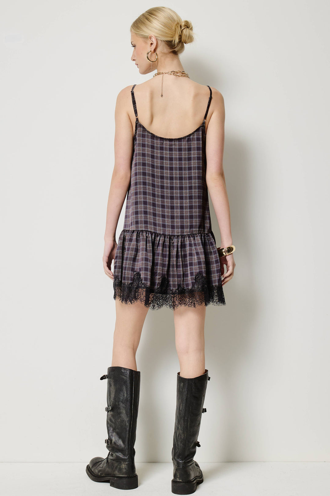 Plaid Lace Trim Ruffle Hem Mini Dress