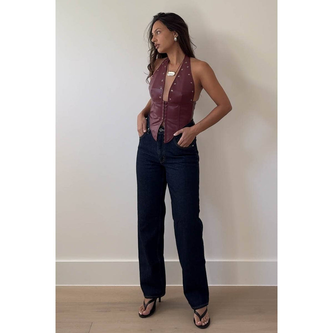 Faux Leather Eyelet Detail Halter Corset Top