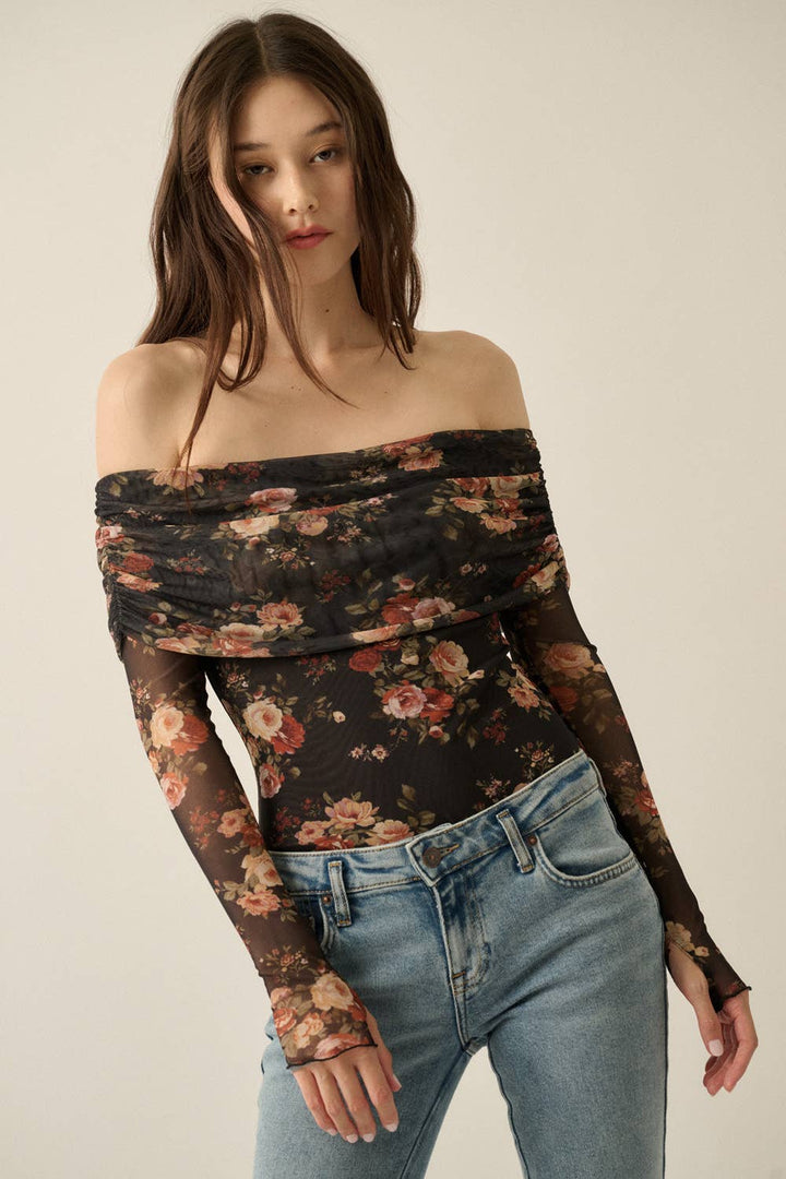 Floral Mesh Off-Shoulder Foldover Long-Sleeve Bodysuit
