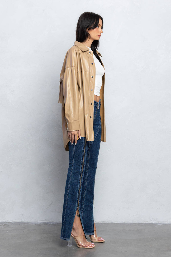 Faux leather fringe detail shacket