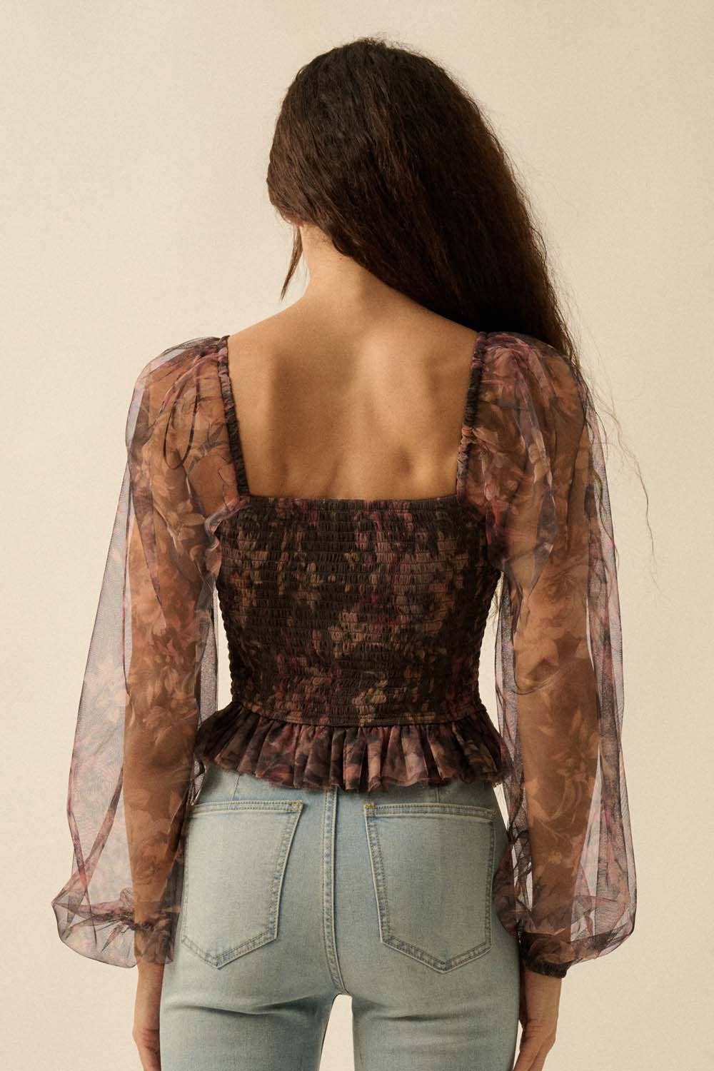 Layered Floral-Print Tulle Top