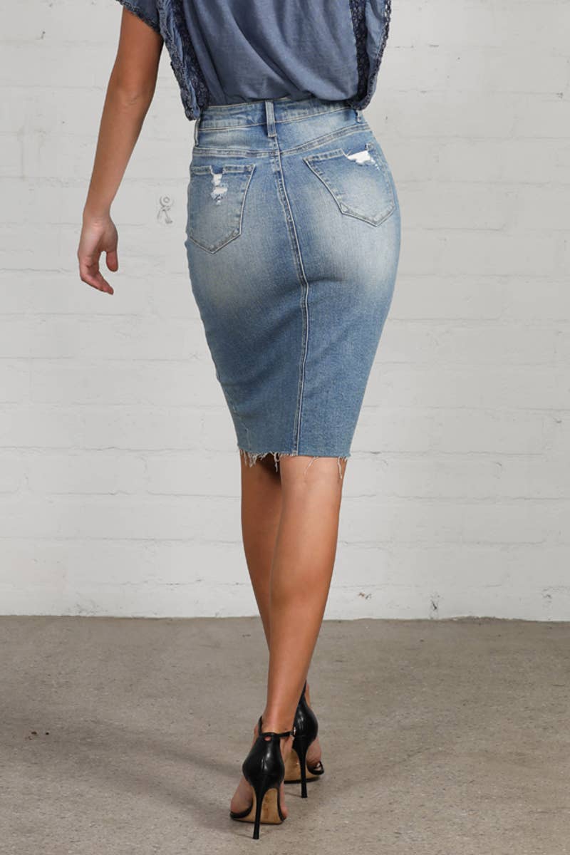 Raw Hem Knee Length Denim Skirt