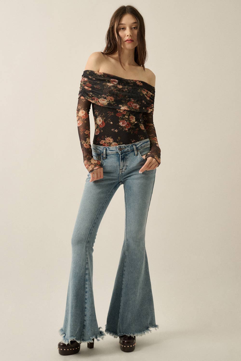 Floral Mesh Off-Shoulder Foldover Long-Sleeve Bodysuit