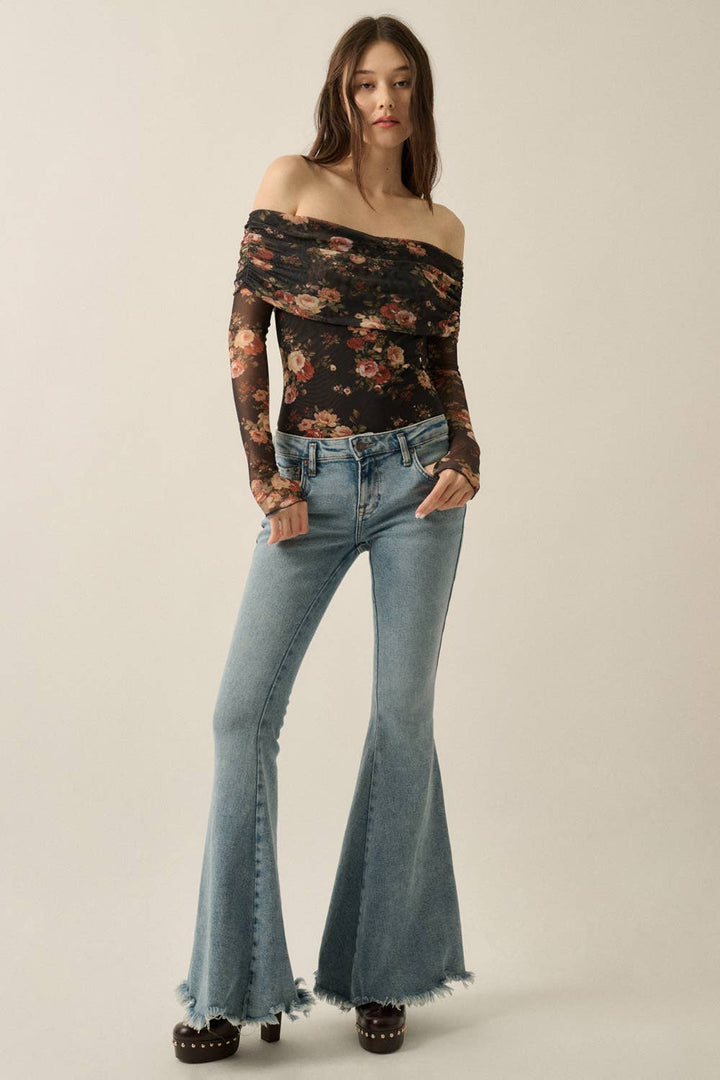Floral Mesh Off-Shoulder Foldover Long-Sleeve Bodysuit