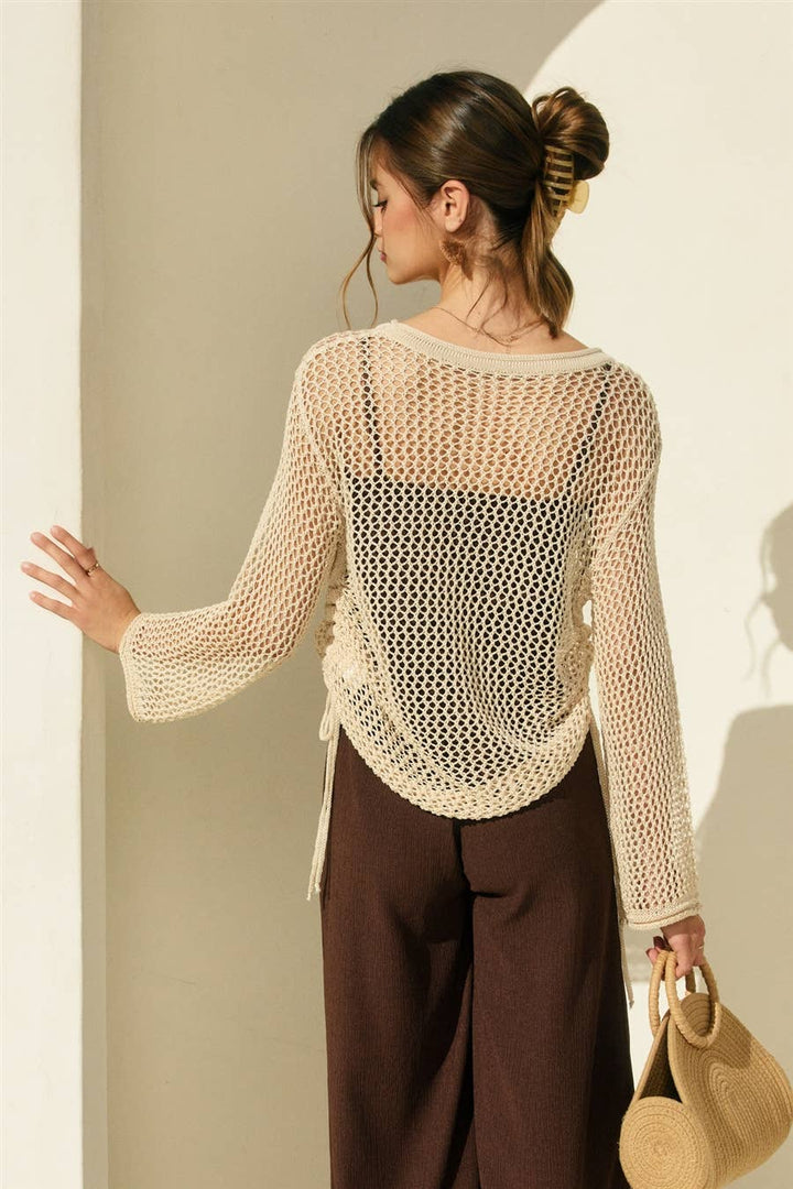 Ruched Side Long Sleeve Open Knitted Top