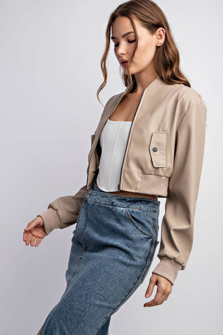 Faux Leather Bomber Cropped Jacket W/ Cont. Rib Band