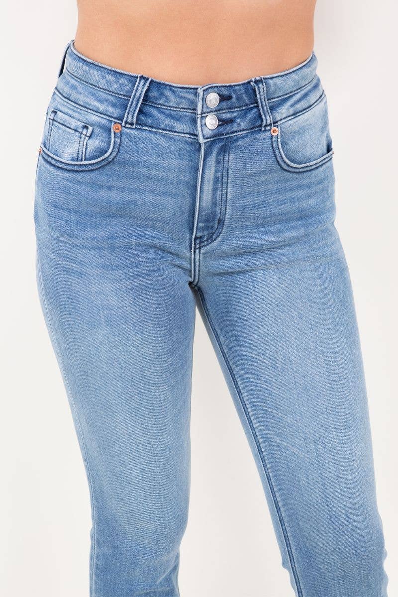 CORSET DOUBLE WAISTBAND STRAIGHT FRAYED HEM JEANS