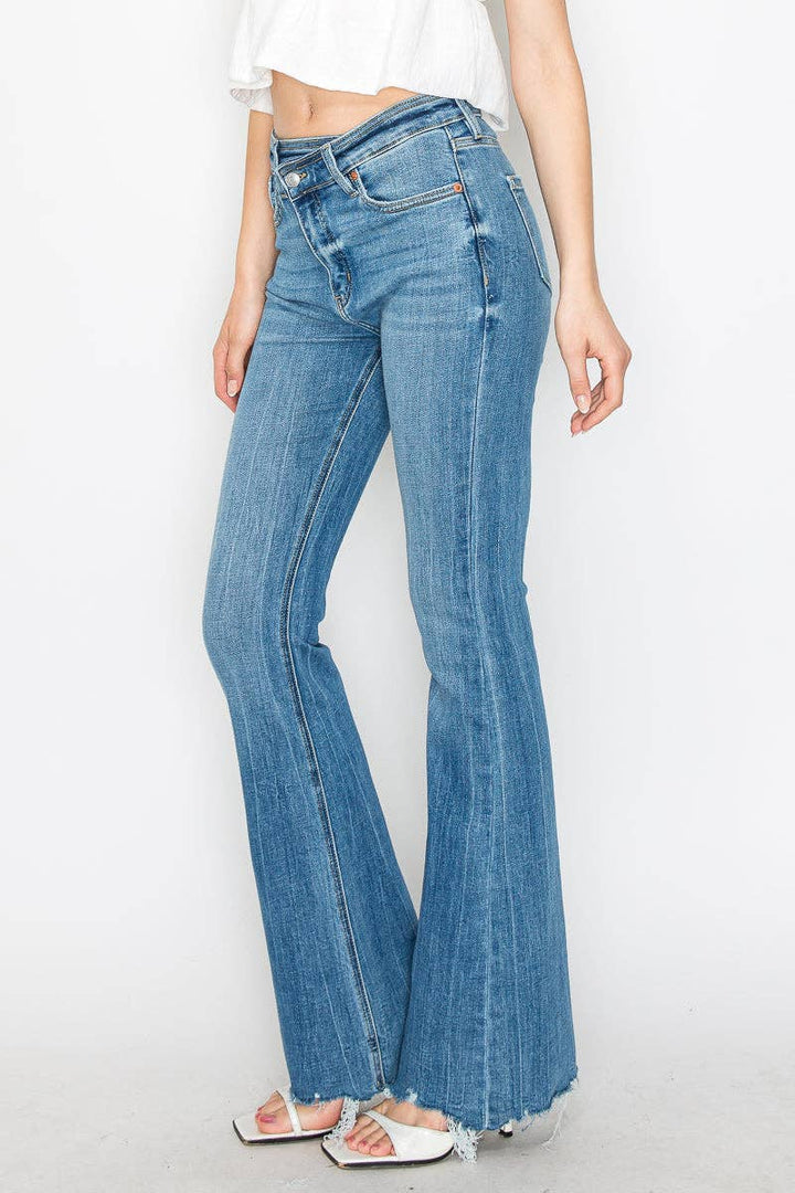 HIGH RISE CROSSOVER WAIST FLARE JEANS