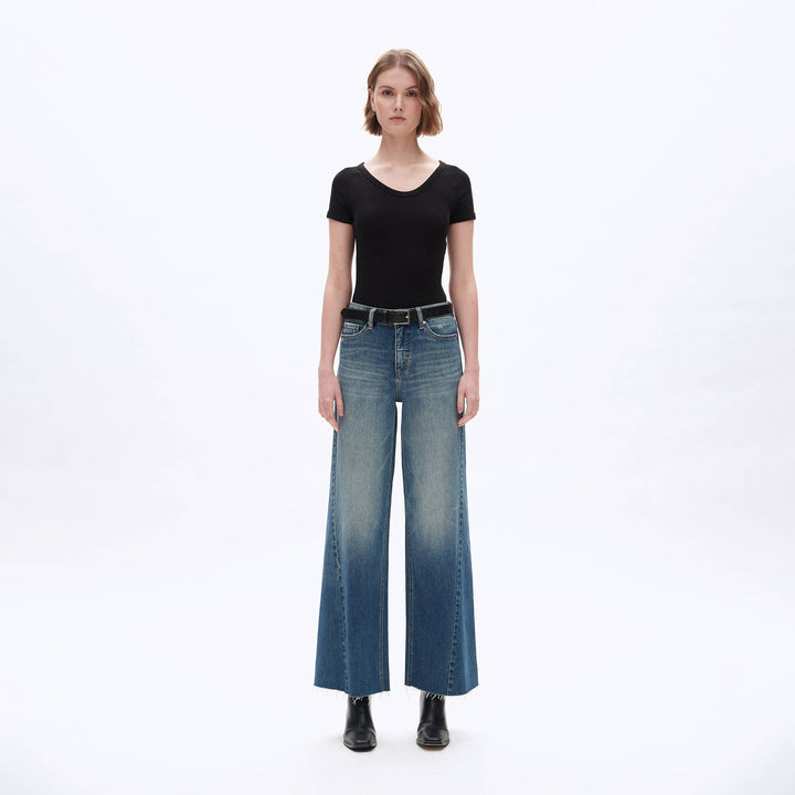 HIGH RISE WIDE LEG DENIM JEANS WITH RAW HEM