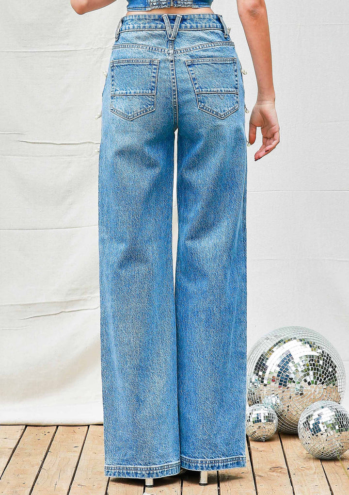 Pearl Ring Detail Straight Leg Jeans