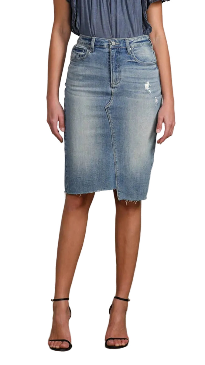 Raw Hem Knee Length Denim Skirt