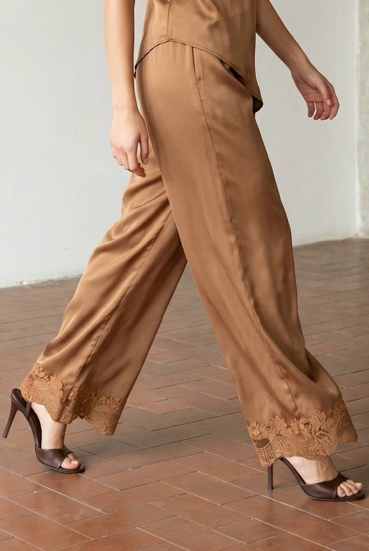 High-Waisted Silky Wide Leg Trousers with Lace Hem