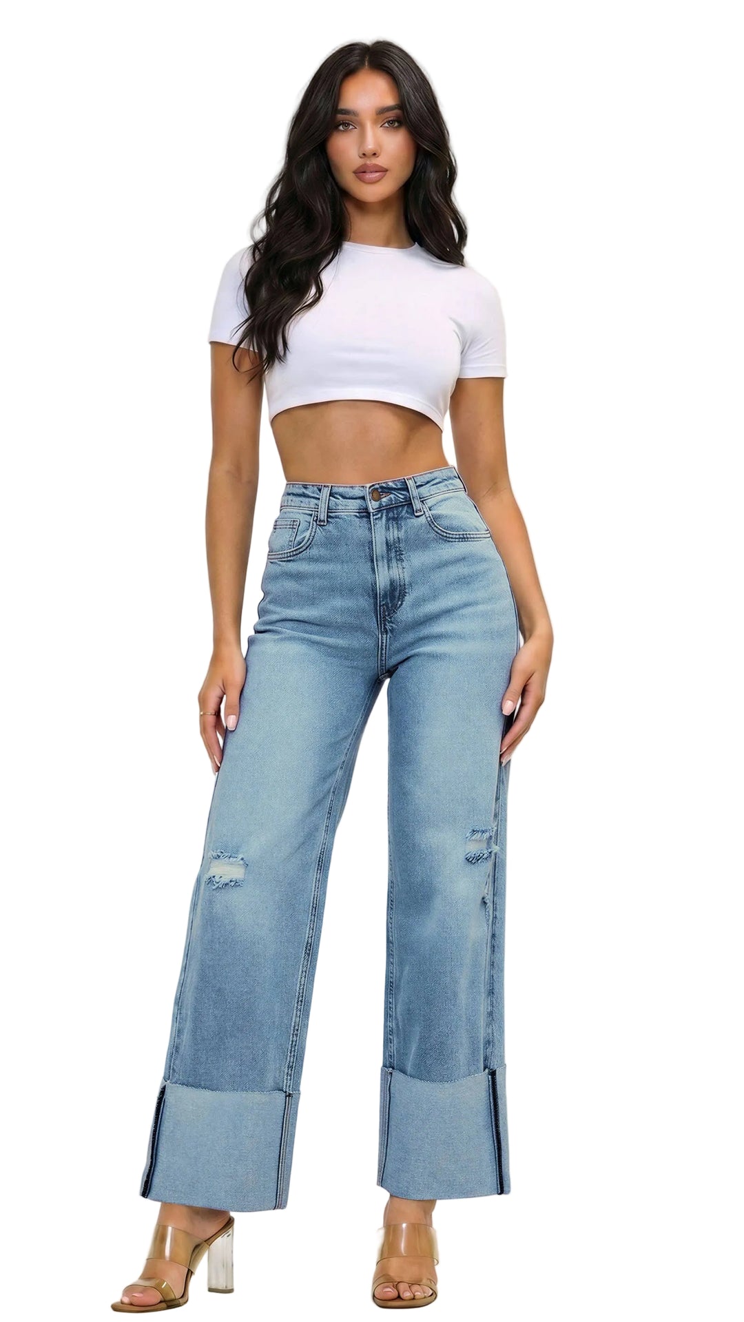 Wide Leg Cuffed Jeans