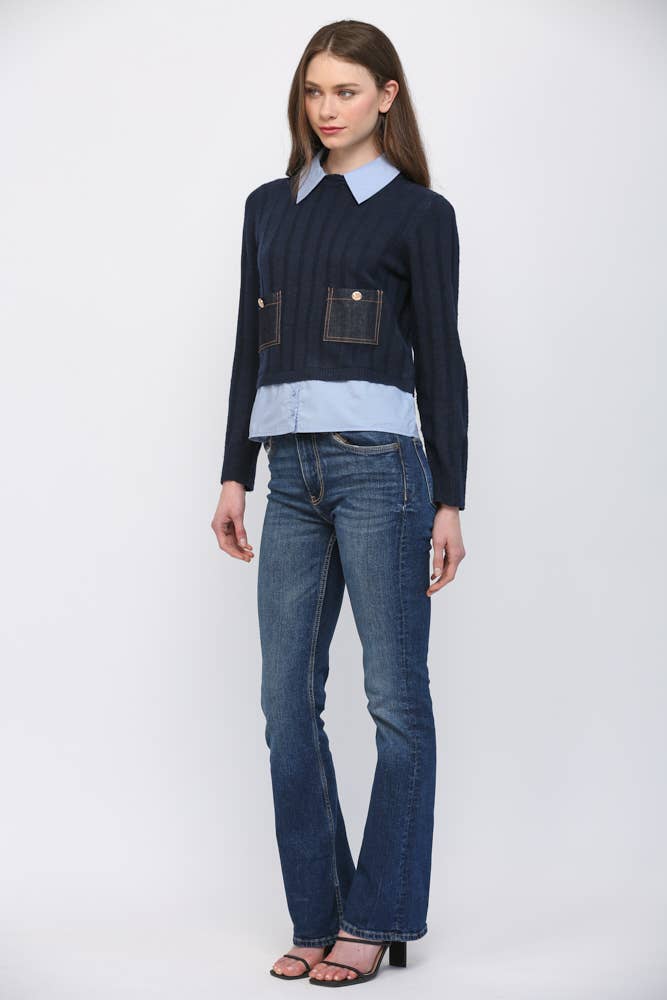 DENIM POCKET DETAIL TWOFER SWEATER