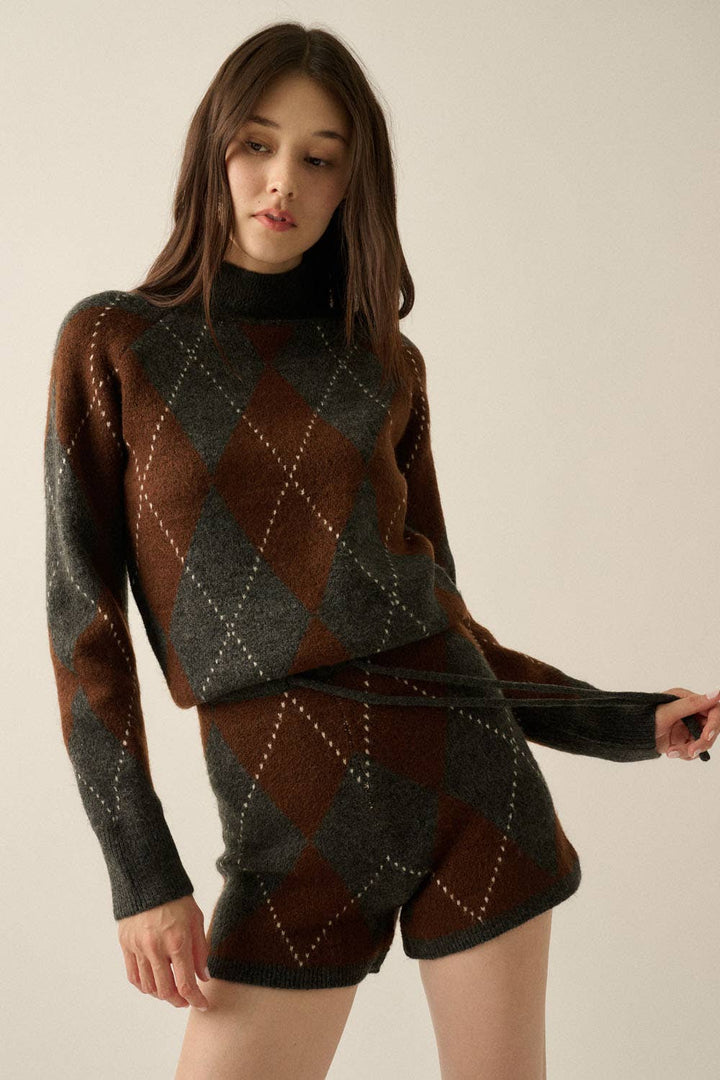 Argyle Jacquard Drawstring Sweater Romper