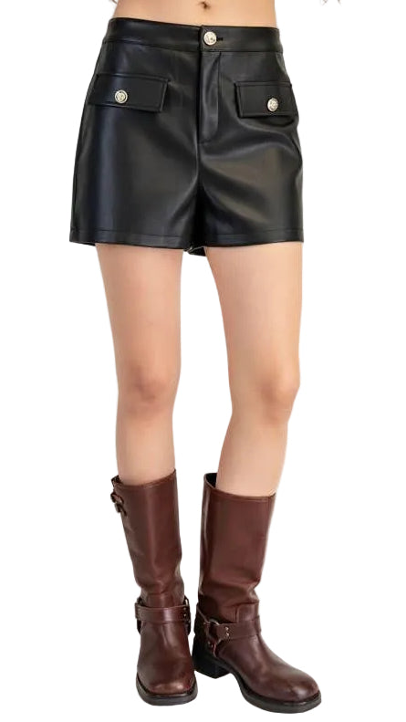 Faux Leather Gold Button Short Pants