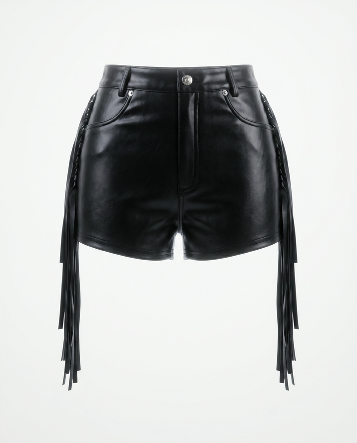 Faux leather side fringe high waisted shorts