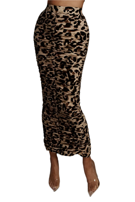 Ruched Leopard Midi Skirt