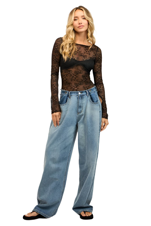 SHEER OPEN BACK HOOKS EMBROIDERED LACE BODYSUIT