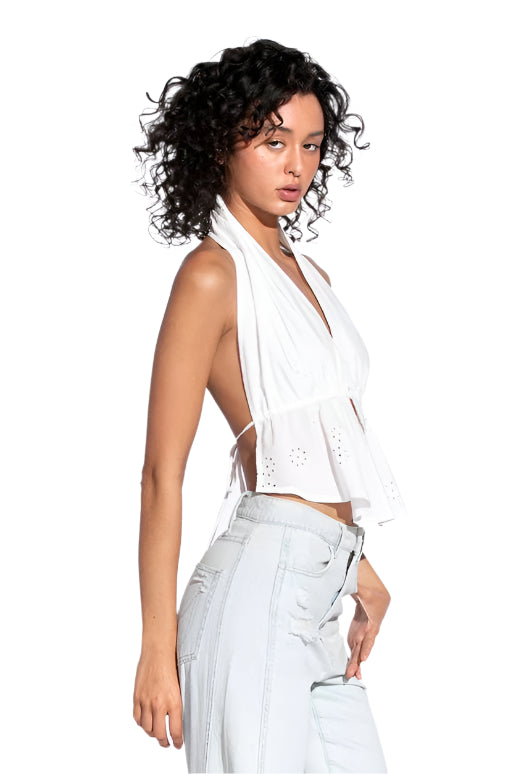Backless eyelet halter top